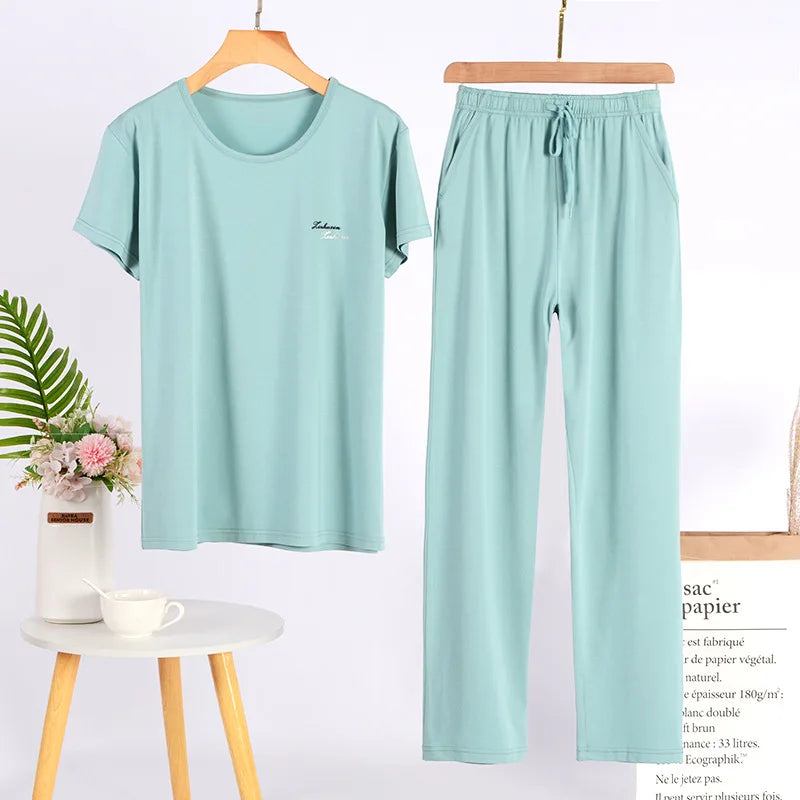 Pajama Women's Short Sleeve Long Pant Suit 2025 New Spring Summer Home Clothes Modal Large Size Pyjamas Femmes Sleepwear Set