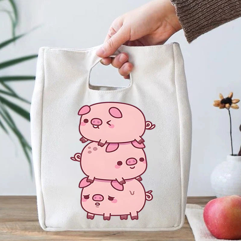 Isolierte Lunchtasche aus Segeltuch mit Hamburger-Schweinchen-Design, für Studenten, süße Tierliebhaber, tragbare Bento-Taschen, wiederverwendbare Lunch-Tragebox für Kinder