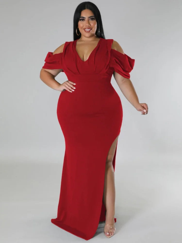 ONTINVA Long Prom Dresses V Neck Cold Shoulder Empire Curvy Lady Evening Birthday Wedding Event Party Gowns Plus Size 4XL 5XL