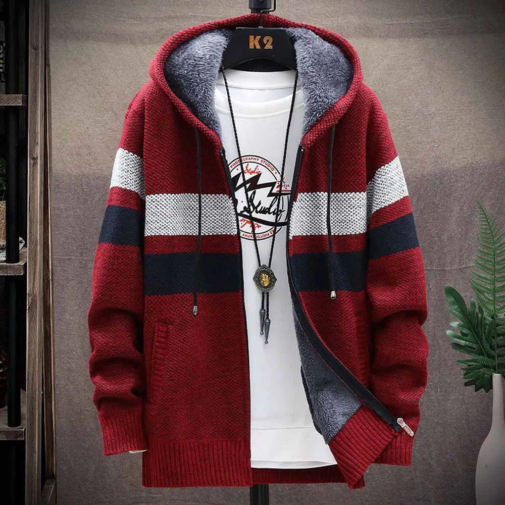 Men's Striped Sweater Coat Thick Fleece Warm Zipper Wool Hooded Cardigan Jumpers Men Long Sleeve Knitted Sweaters