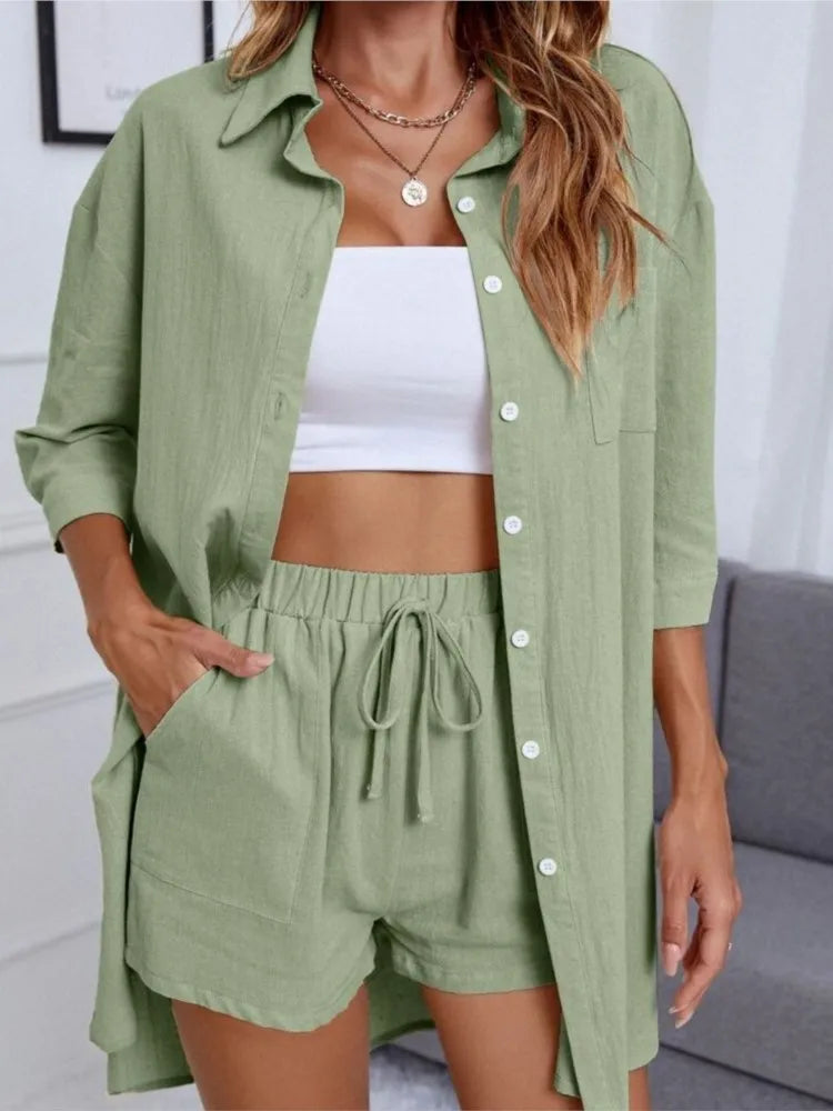 Spring Summer Fashion Single Breasted Shirt Long Sleeve Women's Suit Casual Pocket Lace Up Shorts Sports 2 Piece Set Female