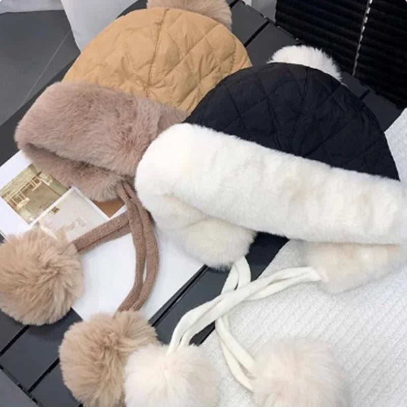2024 Winter Women's Thickened Warm Knit Hat Ear Protection Plush Warm Cotton Cold Cap Breathable Fashionable Outdoor Wear
