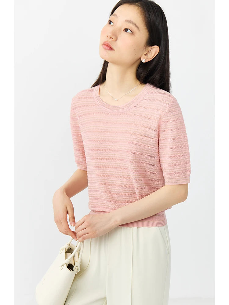 ZIQIAO Petite Hollow Out Round Neck Pink Knit Top For Women's 2024 Summer New Loose Short Sleeved Loose T-shirt 24ZQ92213