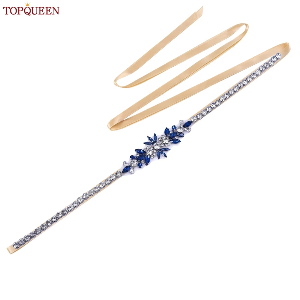TOPQUEEN Blue Diamond Bridal Ribbon Belt Banquet Evening Dress Jewelry Sash Wedding Accessories Women Waist Decoration S166-ML