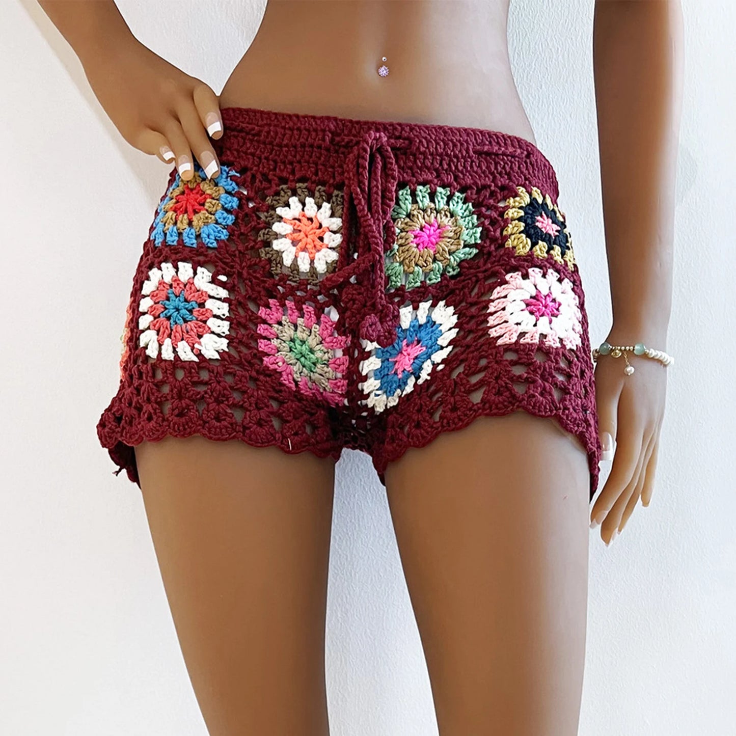 Women Knit Crochet Beach Shorts Swimsuit Cover Ups Casual Hollow Out Elastic Waist Drawstring Short Pants Lounge Shorts Swimwear