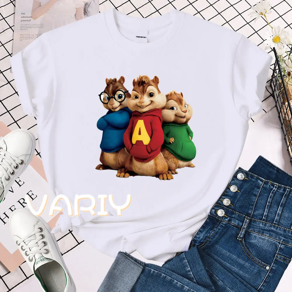 Female Alvin and the Chipmunks Printing O-neck Short Sleeve T-Shirt 2025 New Summer Trend Loose Top Tee Shirt Women Clothes