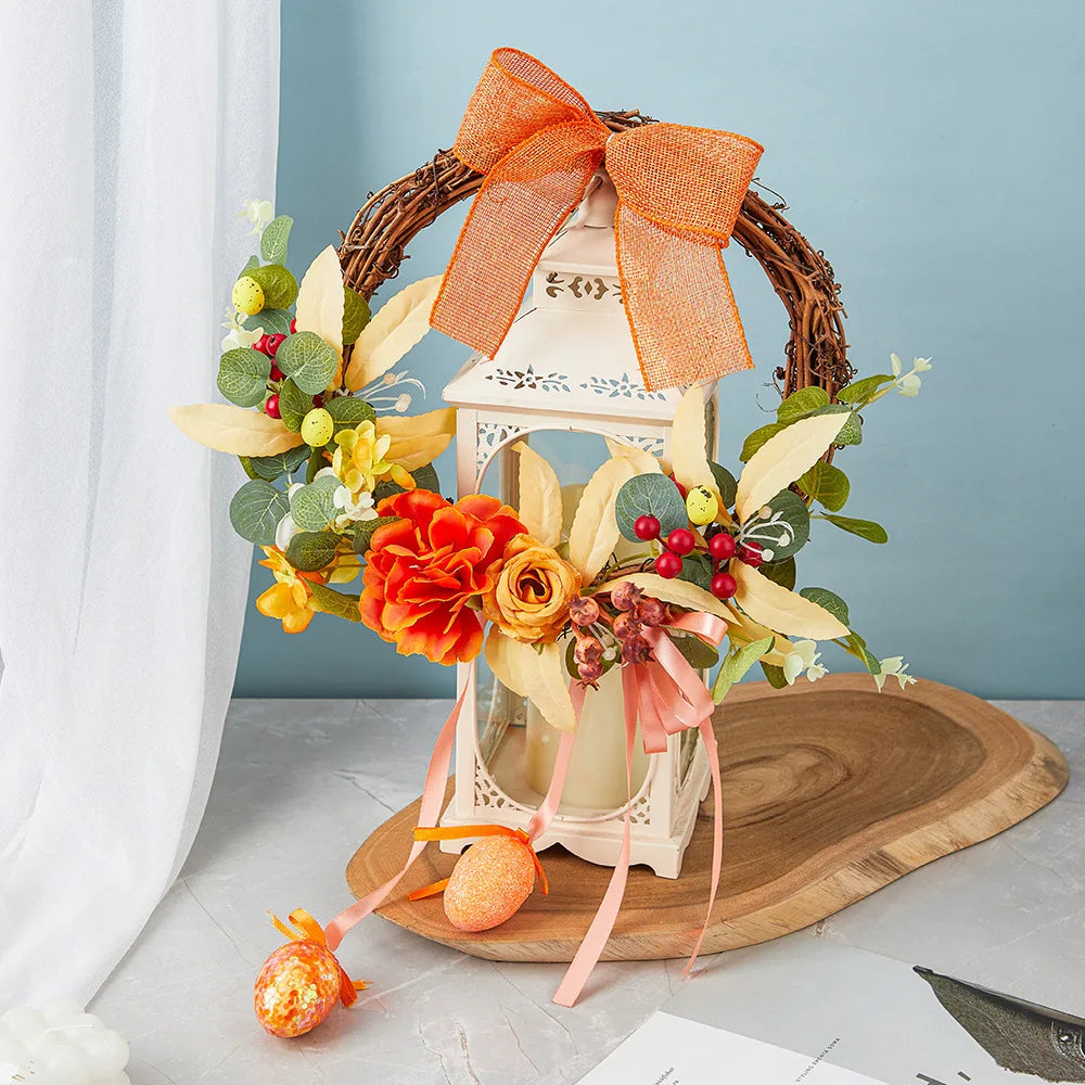 Easter Wreath Cartoon Rabbit Shape Outdoor Home Door Hanging Decoration Hand-Woven Simulated Wreath Ribbon Bow Decoration