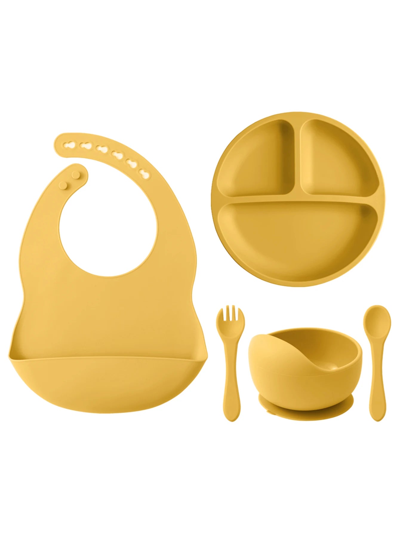 5PCS Baby Silicone Tableware Set Color Contrast Bib Suction Bowl Non-slip Plate Soft Spoon Fork Feeding Training Baby Dinner Set