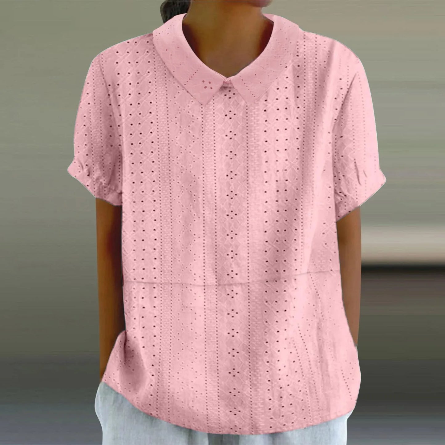 Elegant Hollow Turn-Down Collar Blouse Shirt Top Button Short Sleeve Women Blouse Casual Summer Fashion Female Tops