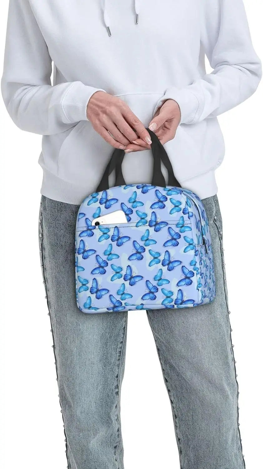 Butterfly Lunch Box for Girls Women Thremal Blue Picnic lunch Bag for School Office Work Insulated Washable Reusable Washable