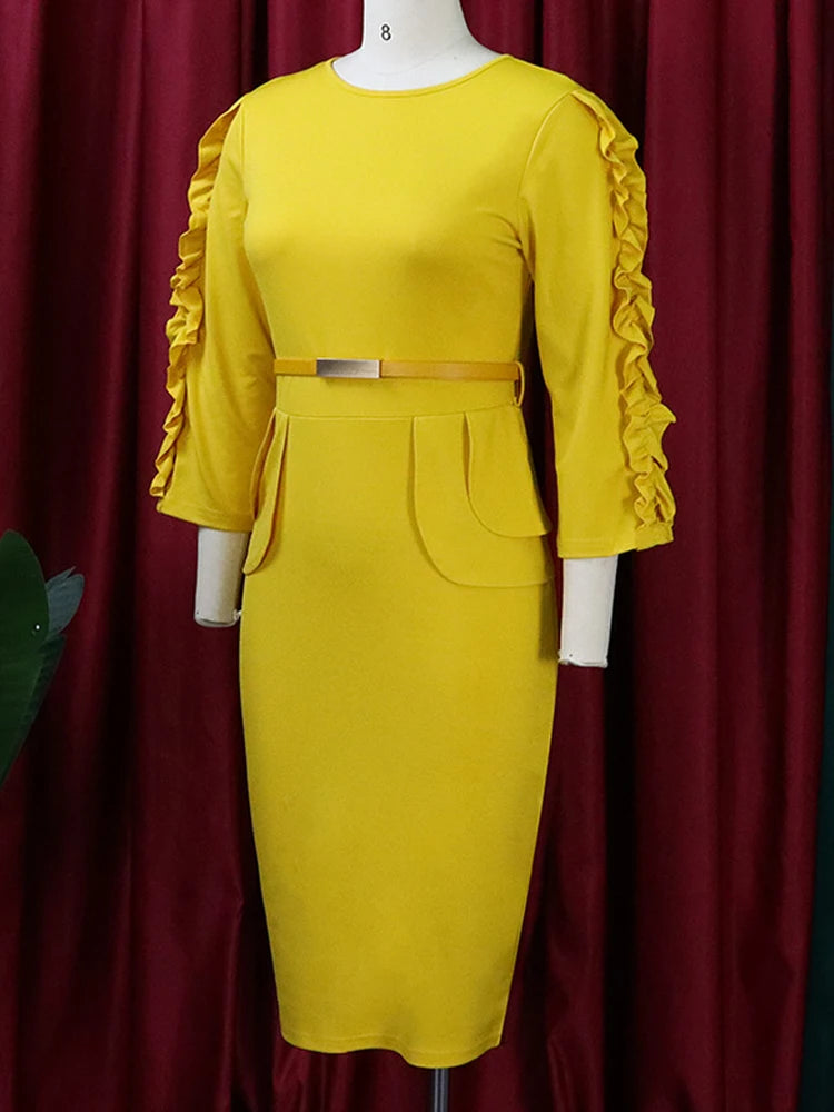 FairyShely 2025 Solid Ruffle Long Sleeve Plus Size Dress Women O Neck Large Big Dresses Lady Autumn Belt Party Tight Curvy Dress