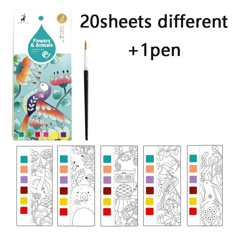 Portable Children Watercolor Painting Book 20 Sheets Gouache Graffiti Picture 1 Pen Coloring Water Drawing Books Set Kids Toy