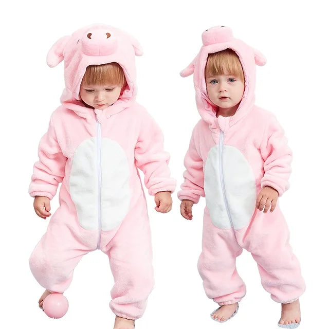 MICHLEY Halloween Gifts Pink Pig Baby Rompers Autumn Winter Clothes Costume Flannel Hooded Bodysuit Pajamas Jumpsuit For Girls