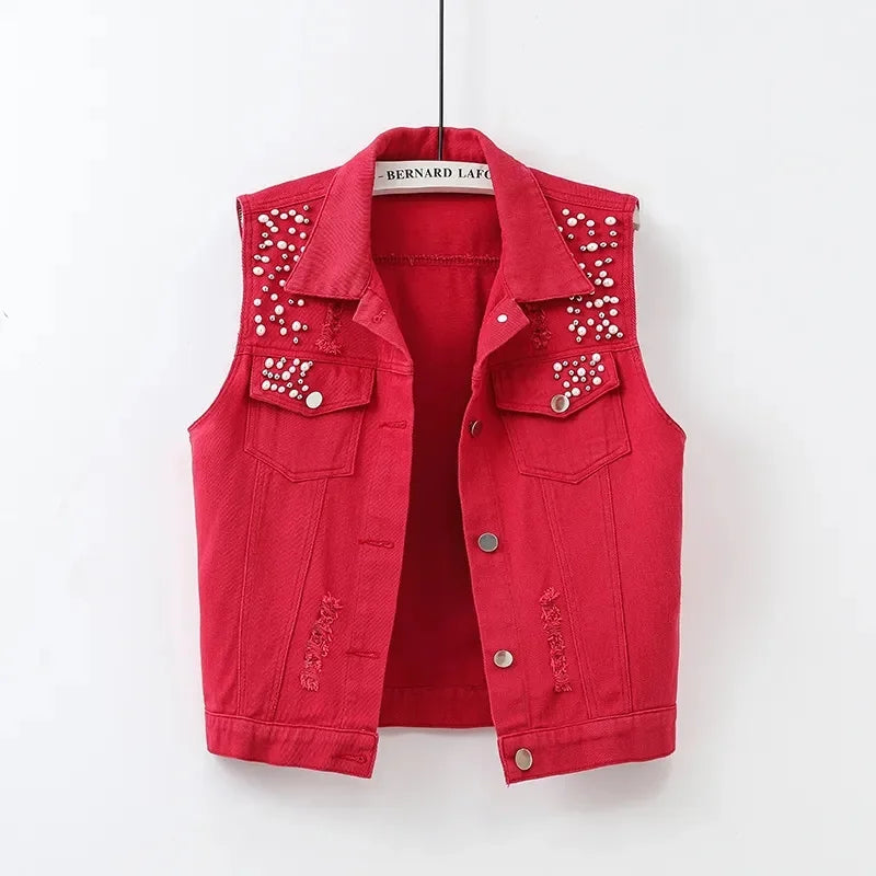 2025 clothes New Vintage Hole Sleeveless Jean Waistcoat Short Jacket Female Outerwear Spring Autumn Denim Vest Women Clothes