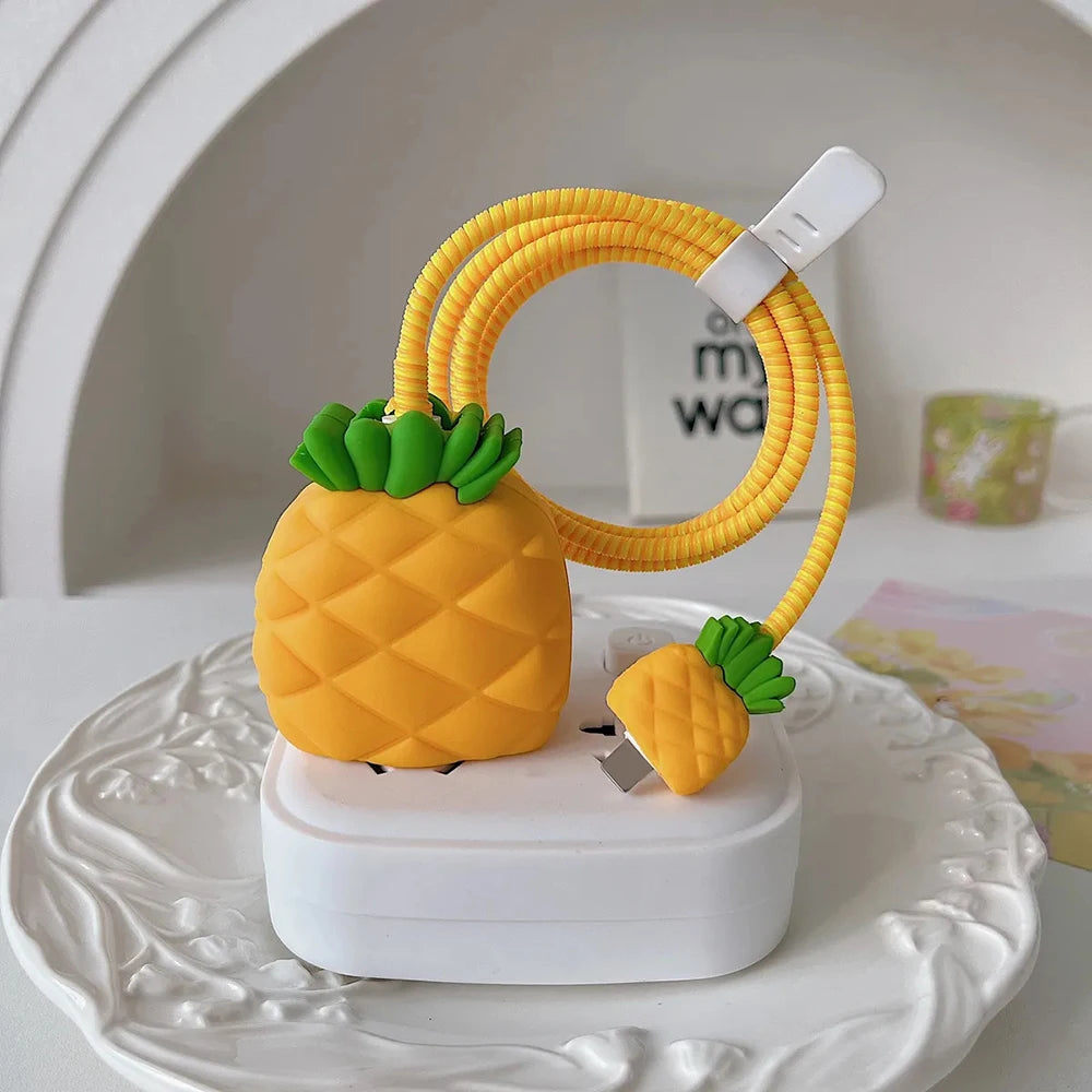 4pcs Strawberry Pineapple 3D Charger Protective Case For iPhone 18W 20W Fast Charge Protection Cover Cable Winder Accessories