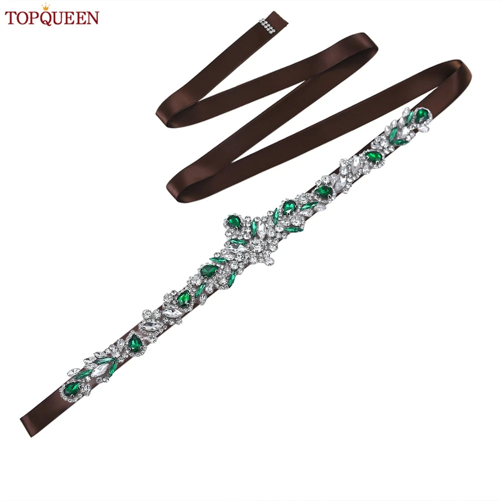 TOPQUEEN S462-KL Rhinestone Bridal Belt Wedding With Green Diamond Wedding Dress Accessories Belt Sash Party Women Dress Belt