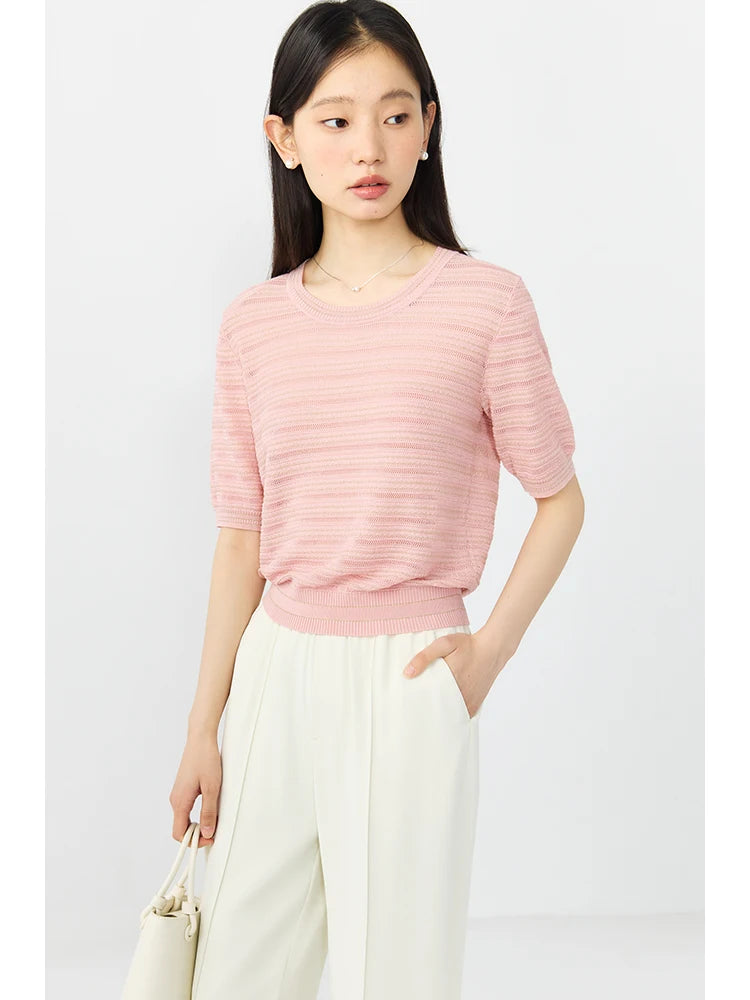 ZIQIAO Petite Hollow Out Round Neck Pink Knit Top For Women's 2024 Summer New Loose Short Sleeved Loose T-shirt 24ZQ92213