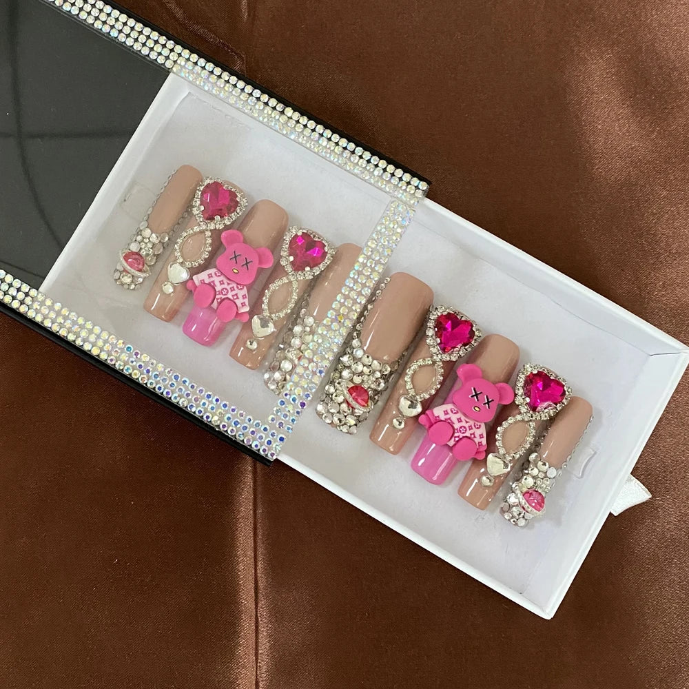 2024 New Design Nail Art Y2K Gel Polish Square Acrylic Luxury Glossy Bling Handmade Press On Nails 10 PCS Fingernails