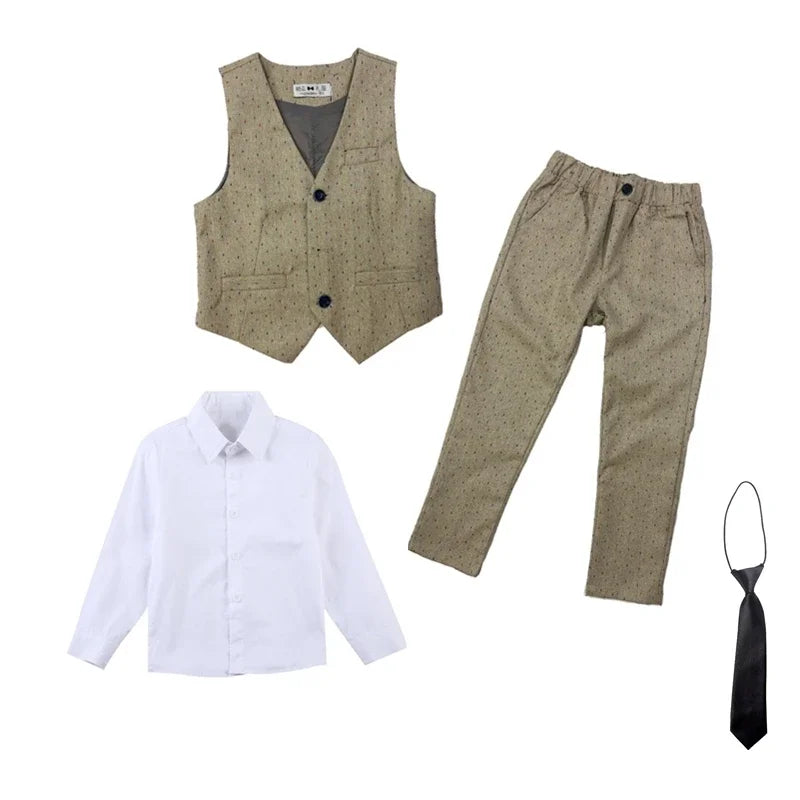 Boy Plaid Vest Blazer Kids Waistcoat Wedding Clothes Set Toddler Formal Dress Suit Child Brooch Shirt Pant Baby Gentlemen Outfit