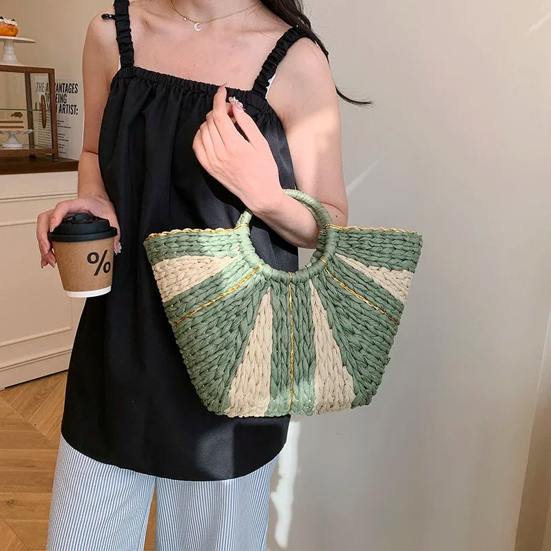 Large Beach Straw Bag 2025 Summer Rattan Woven Handbags Half Moon Design Top-Handle Tote Ladies Travel Shopping Bag Purse Sac