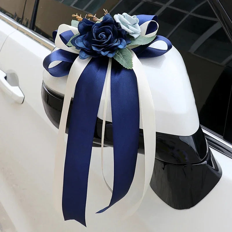 1PC Wedding Car Rearview Mirror Decoration Flower Door Handle Bow Decoration Retro Simulation Flower Wedding Chair Back Flower