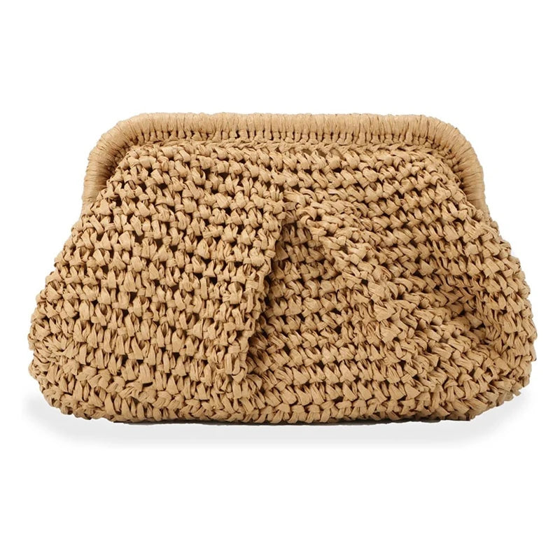 NEW-Straw Purse For Women Cloud Dumpling Pouch Straw Crossbody Shoulder Handbag Summer Beach Woven Bag
