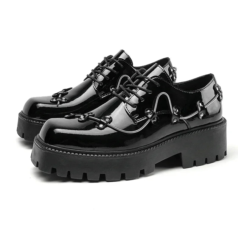2025 New Small Style Thick Soled Derby Shoes Square Head Black Men's Business Casual Leather Retro Spring Decorative Shoes Men