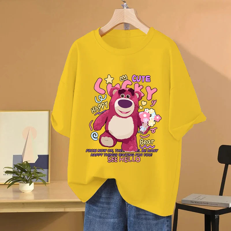 Lotso Bear Cartoon Anime Women T-shirt Summer Short Sleeve Men Tee Shirts 100% Cotton 2025 New Fashion Couple Clothes Tops