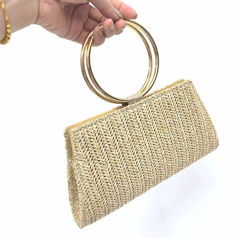 Straw Tote Handbags for Women Trend Summer Beach Woven Purses with Metal Circle Top Handle Ladies Shoulder Messenger Bags
