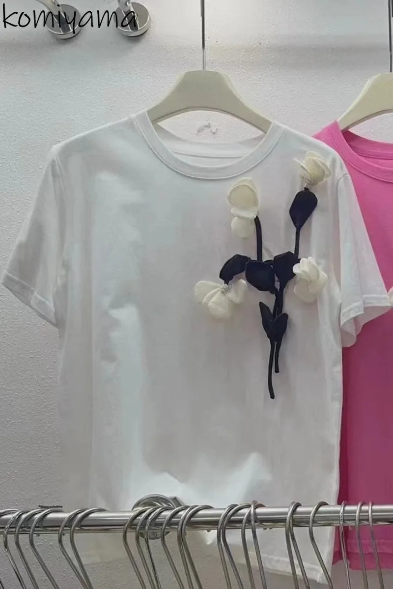 Beads Women clothes Tops Contrast 3d Flower Camisetas O-Neck Short Sleeve Ropa Mujer Loose Casual T Shirt Summer 2025 New Clothes