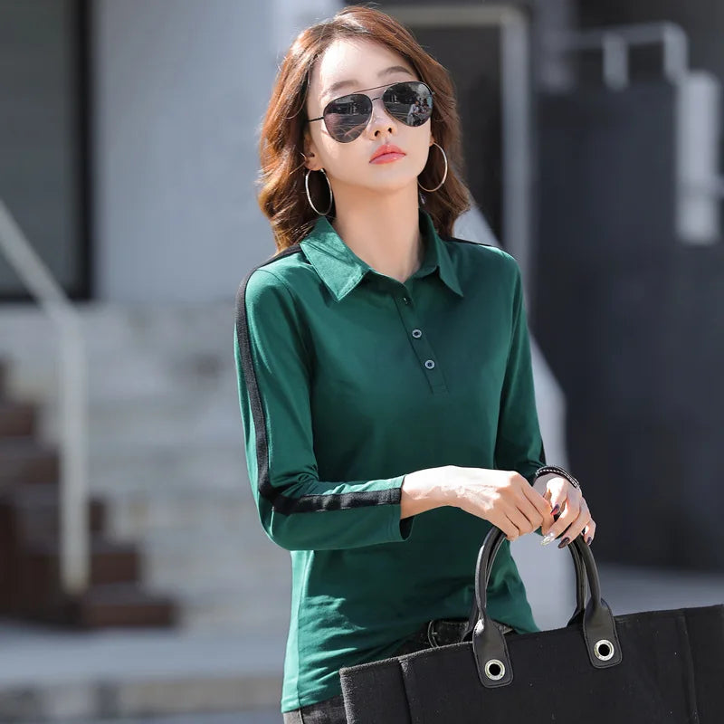 HI-FASHION Women Cotton Shirt Korean Casual Office Female Blouse Tops Spring Lapel temperament Long Sleeve Slim woman tshirt