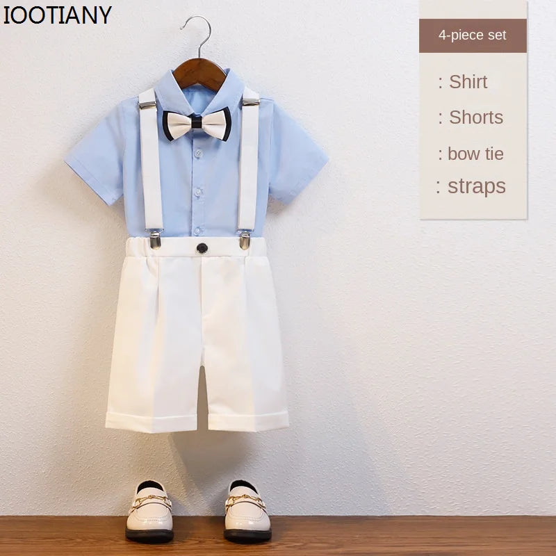 Kids Formal Strap Shirt Shorts Bowtie Clothing Set Boys Summer Wedding Birthday Dress Children Piano Performance Dance Costume !!!