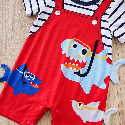 Neugeborene Kleidung Niedlicher Cartoon 3D Hai Print Riemen Gefälschte Zwei Bequeme Sommer Jungen Und Mädchen 0-18 Kurzarm Baby Overall