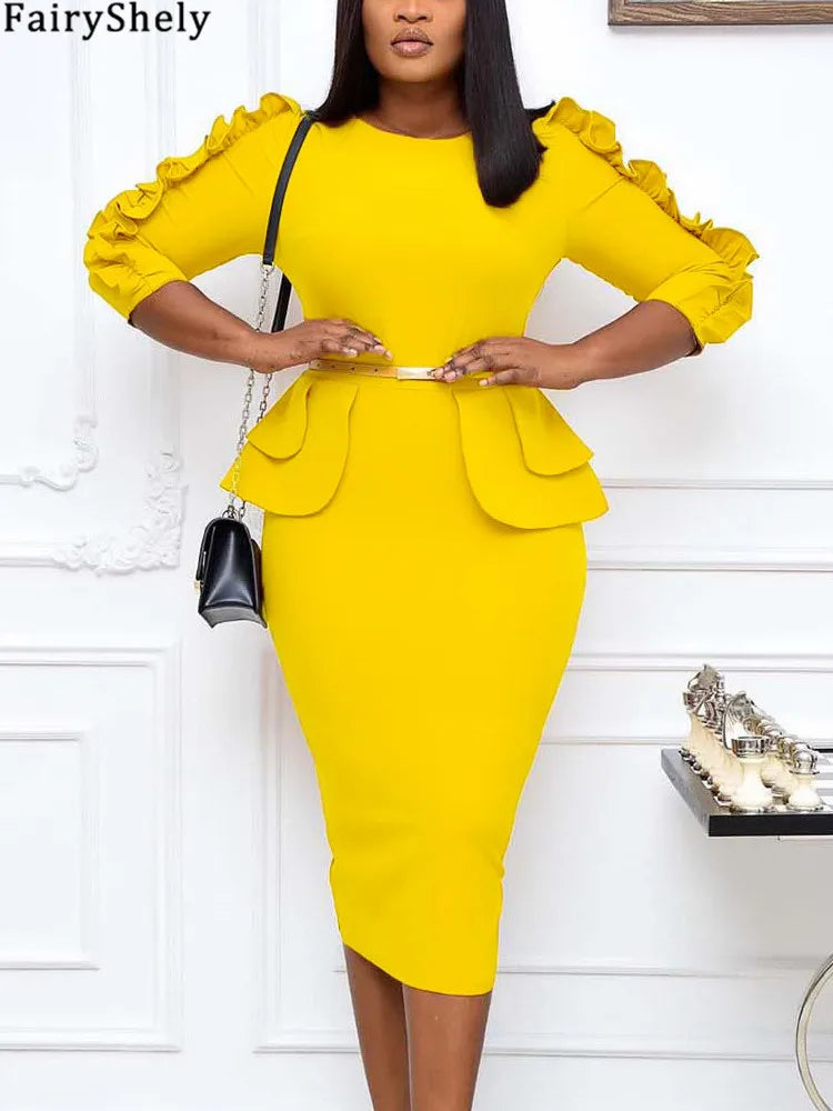 FairyShely 2025 Solid Ruffle Long Sleeve Plus Size Dress Women O Neck Large Big Dresses Lady Autumn Belt Party Tight Curvy Dress
