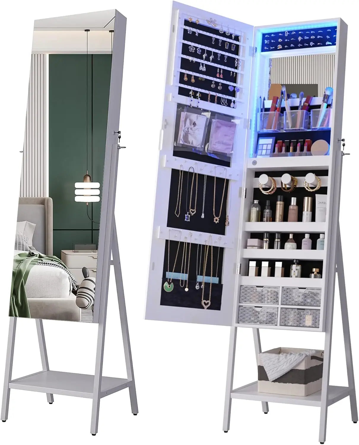 RGB LED Full Length Mirror with Storage for Jewelry, Lockable. home improvement decoration