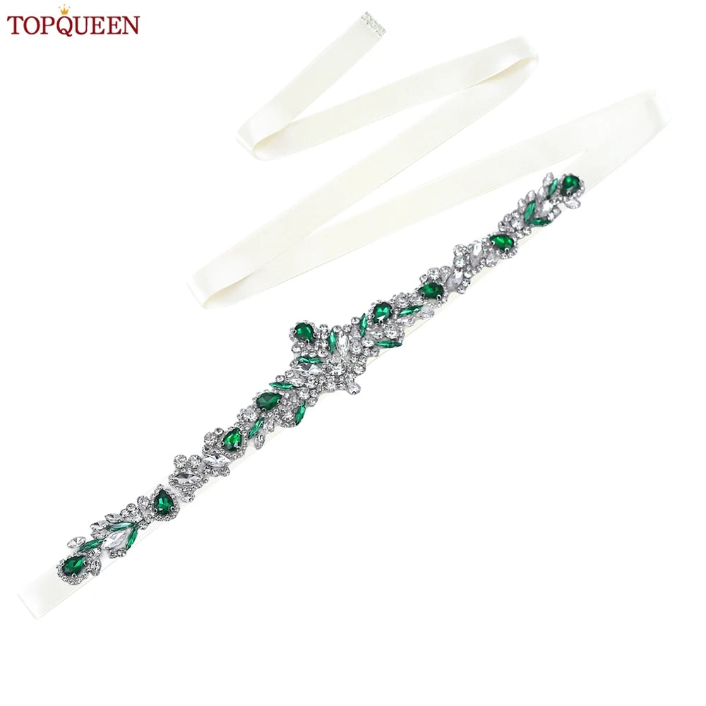 TOPQUEEN S462-KL Rhinestone Bridal Belt Wedding With Green Diamond Wedding Dress Accessories Belt Sash Party Women Dress Belt