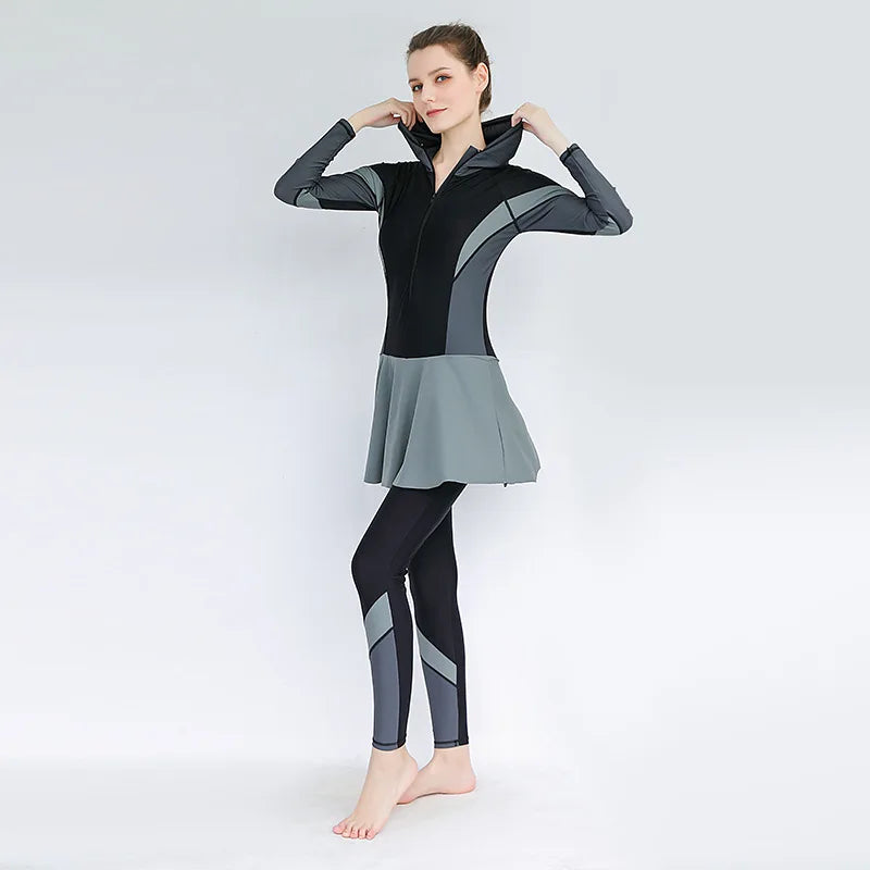 Muslim Long Sleeved Pants One Piece Skirt Style Swimsuit Middle Eastern Muslim Slim Fitting Printed Swimsuit Sun Protection Beac