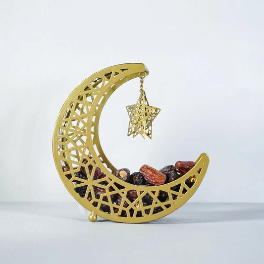 Golden Snack Tray Hollow Out Moon Star Shape Eid Mubarak Serving Platter Muslim Ramadan Nuts Plate