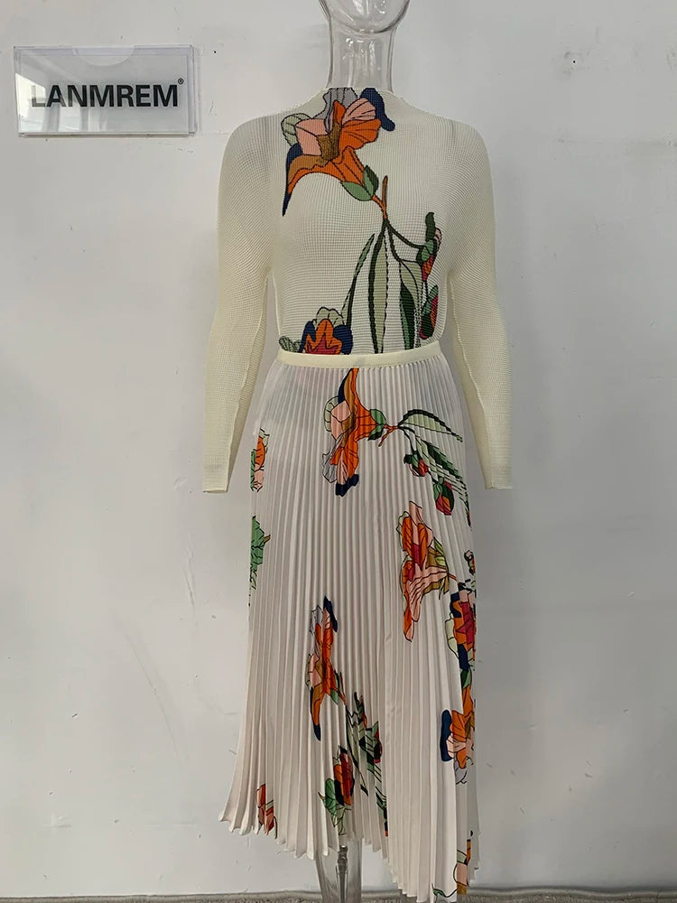 LANMREM Printed New 2 Pieces Skirt Set O-neck Long Sleeves Slim Tops High Elastic Waist Loose Skirts Female Clothes 2024 2YA758