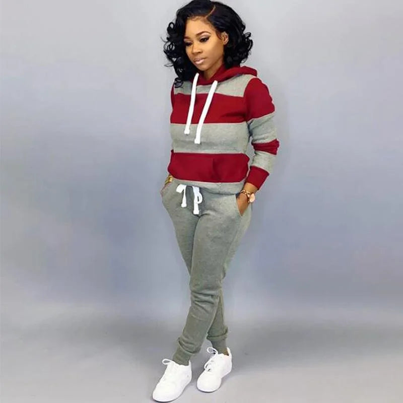 Women's horizontal striped sportswear two-piece long sleeved full zippered hoodie and pants sportswear set slim fit sportswear