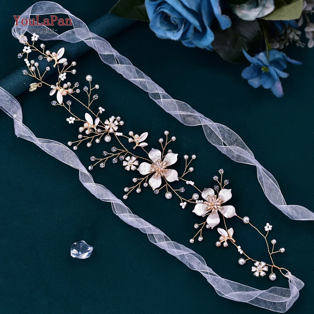 YouLaPan Wedding Dress Belt Alloy Floral Bridal Sash Belt Crystal Wedding Belts Bridal Ribbon