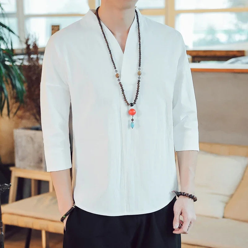 Summer Short Sleeve Men New Half-sleeved Cotton Linen Breathable Men Clothing T-shirt Tops - mon