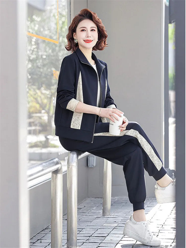 Women Clothes Solid Loose Sports Suit 2025 Spring Autumn Leisure Sportswear Middle-aged Temperament Age Reduction Two-piece Sets