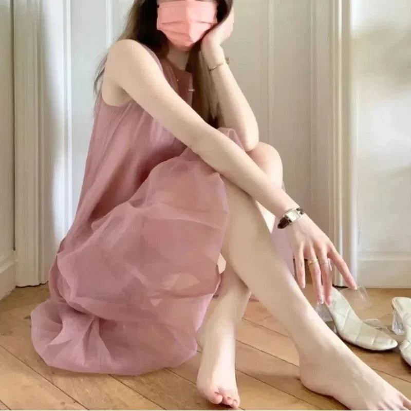2025 Spring Autumn Fashion clothes O Neck Women's Clothing Sleeveless All Match Sweat Solid Chiffon Female Clothes Korean Style Dresses