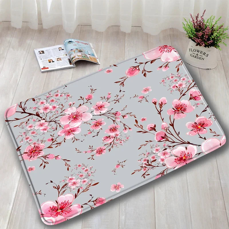 Pink cherry blossom bath mats 3PCs set plant flowers carpet modern print home bathroom decor door rug anti-slip toilet cover mat home improvement
