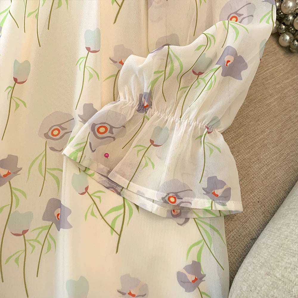 Spring and autumn plus size women's new casual French chiffon floral dress sweet wind loose comfortable home long-sleeved dress