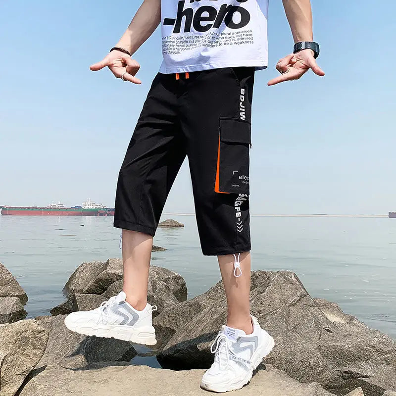 Neueste Cropped Pants Herren Overalls Sommer Dünn Lässig Trend Jugend Student Cargohose Lockere konisch zulaufende Reithose