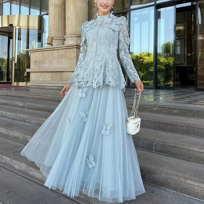 QMQA Fashion Women's Elegant 2 Piece Set Embroidery Long Sleeve Top High Waist Mesh Skirt Sets 2025 Spring Female New QM78