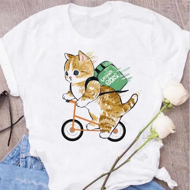 Cute Cats Printing Women T-shirts New Kawaii Women's Tops Fashion Women Clothing Funny Korean Style Creative Casual Clothes Tees