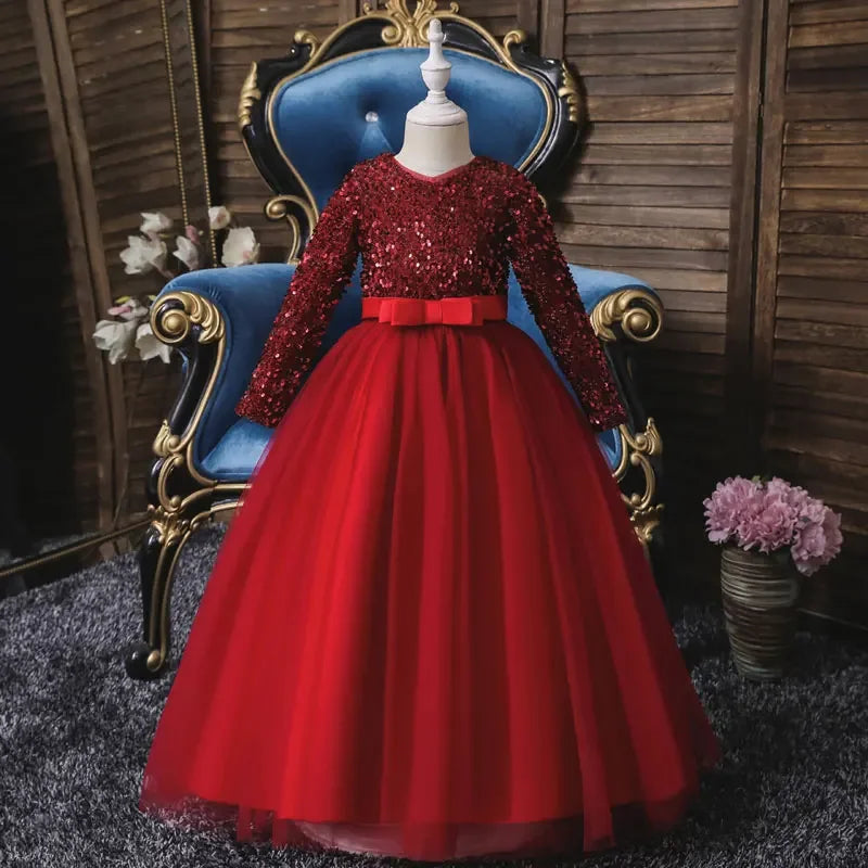 Fashion Glitter Flower Girl Dresses for Weddings Long Sleeve Kids Clothes Girls Dresses Spring & Autumn Girls Party Dresses
